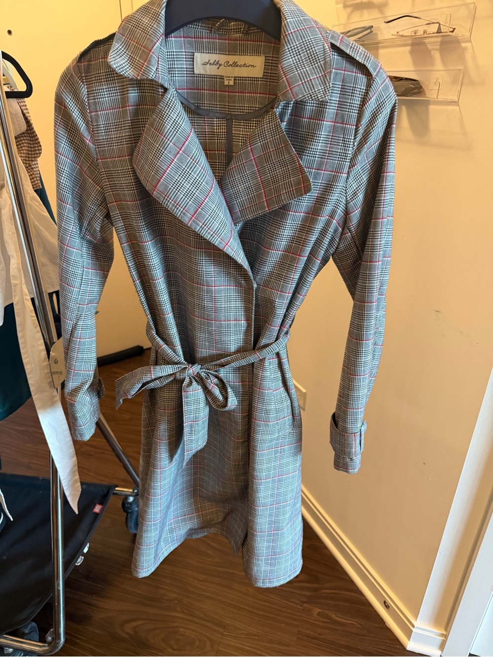 Sebby Collection - Gray Plaid Belted Trench Coat with Red Windowpane (Small)